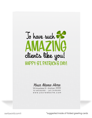 Cute business "Lucky to have you as a customer" green shamrocks leprechaun with rainbow pot of gold; happy St. Patrick's Day greeting cards.