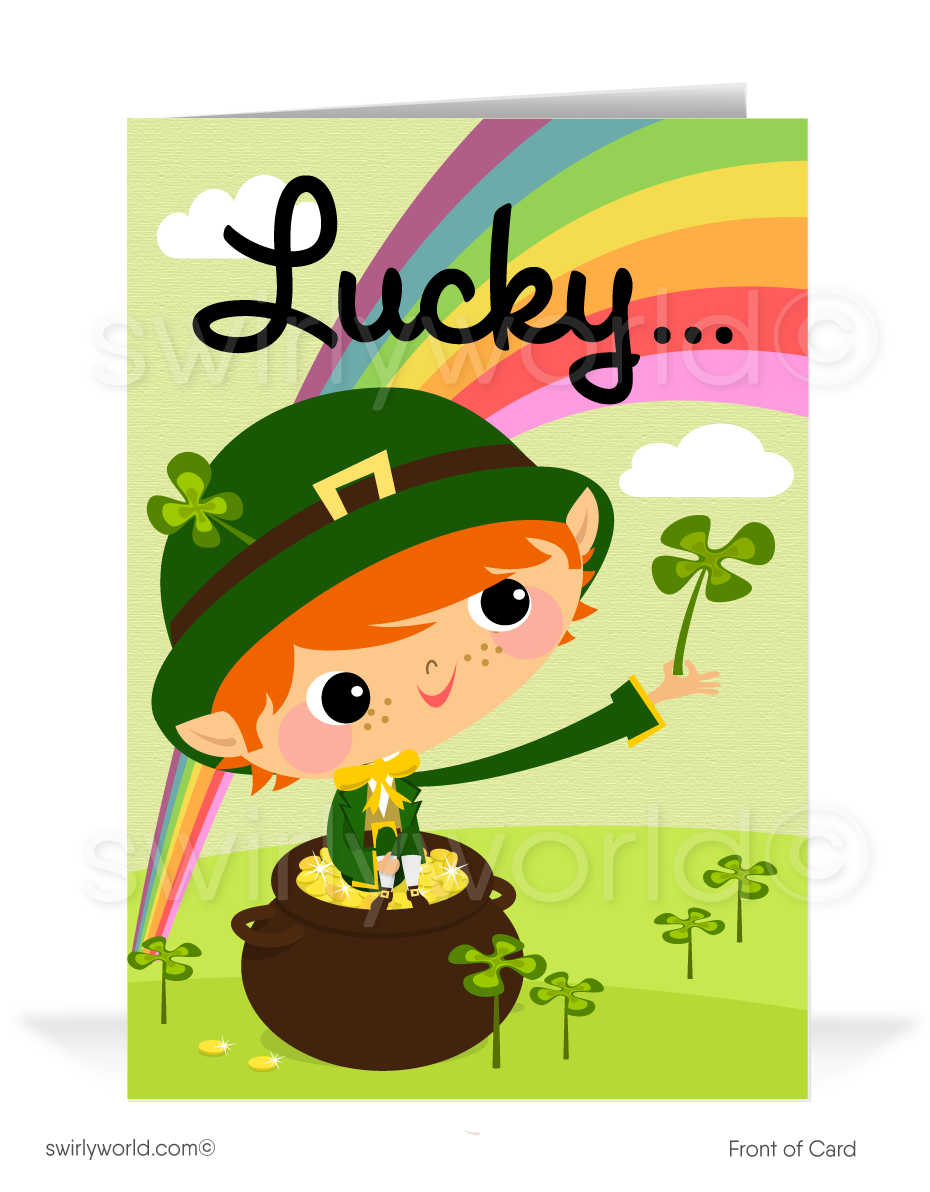 Cute business "Lucky to have you as a customer" green shamrocks leprechaun with rainbow pot of gold; happy St. Patrick's Day greeting cards.