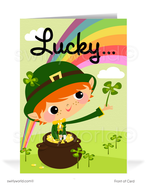 Cute business "Lucky to have you as a customer" green shamrocks leprechaun with rainbow pot of gold; happy St. Patrick's Day greeting cards.