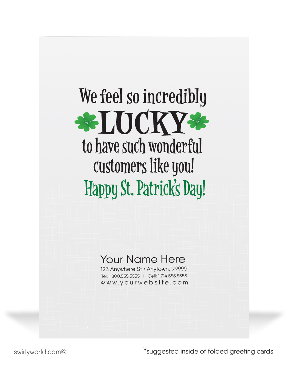 Celebrate St. Patrick’s Day with a custom greeting card! Featuring playful leprechauns, gold coins & green beer, it’s a festive way to share luck & appreciation.