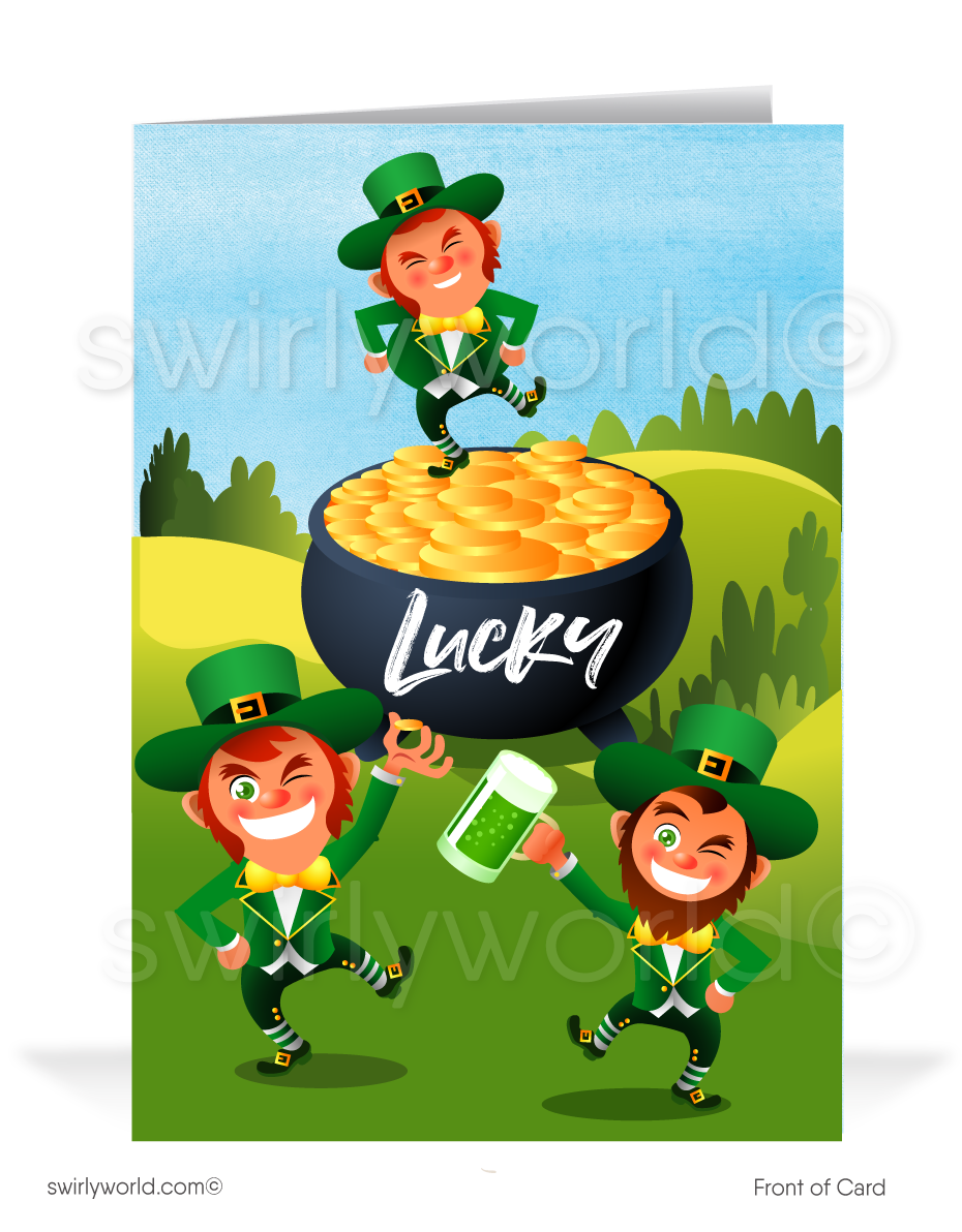 Celebrate St. Patrick’s Day with a custom greeting card! Featuring playful leprechauns, gold coins & green beer, it’s a festive way to share luck & appreciation.