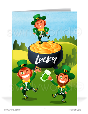 Celebrate St. Patrick’s Day with a custom greeting card! Featuring playful leprechauns, gold coins & green beer, it’s a festive way to share luck & appreciation.