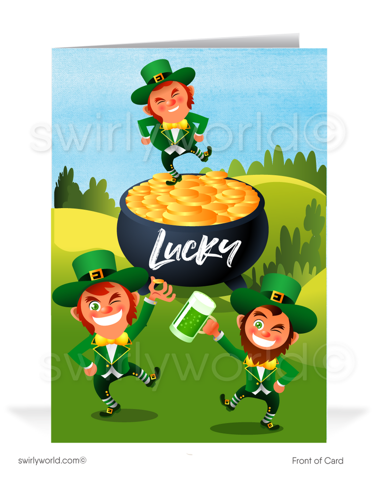 Funny Leprechaun Dancing on Pot of Gold Happy St. Patrick's Day Cards for Business