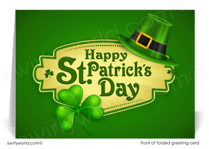 Business professional happy St. Patrick's Day green shamrock leprechaun hat "Lucky to have you as a customer" greeting cards.