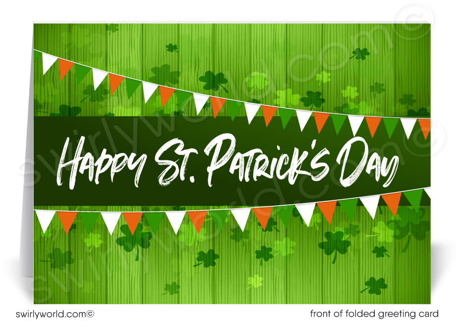 Celebrate St. Patrick’s Day with a customizable vintage-inspired card featuring shamrocks, bunting, and retro calligraphy. Perfect for clients & business branding!