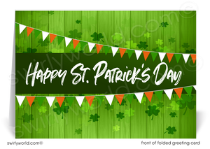 Celebrate St. Patrick’s Day with a customizable vintage-inspired card featuring shamrocks, bunting, and retro calligraphy. Perfect for clients & business branding!