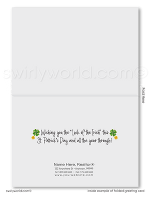 St. Patrick’s Day Realtor Greeting Cards – Green & Gold Patchwork with Shamrocks