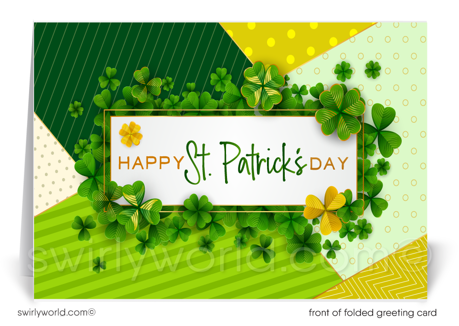 Celebrate St. Patrick’s Day with elegant Realtor greeting cards featuring a green & gold patchwork design with lucky shamrocks. Perfect for client appreciation!