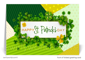 Celebrate St. Patrick’s Day with elegant Realtor greeting cards featuring a green & gold patchwork design with lucky shamrocks. Perfect for client appreciation!