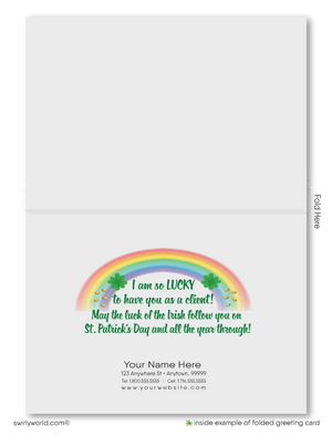 Cute female realtor happy St. Patrick's Day greeting cards marketing for clients. Real Estate marketing for St. Patrick's Day.