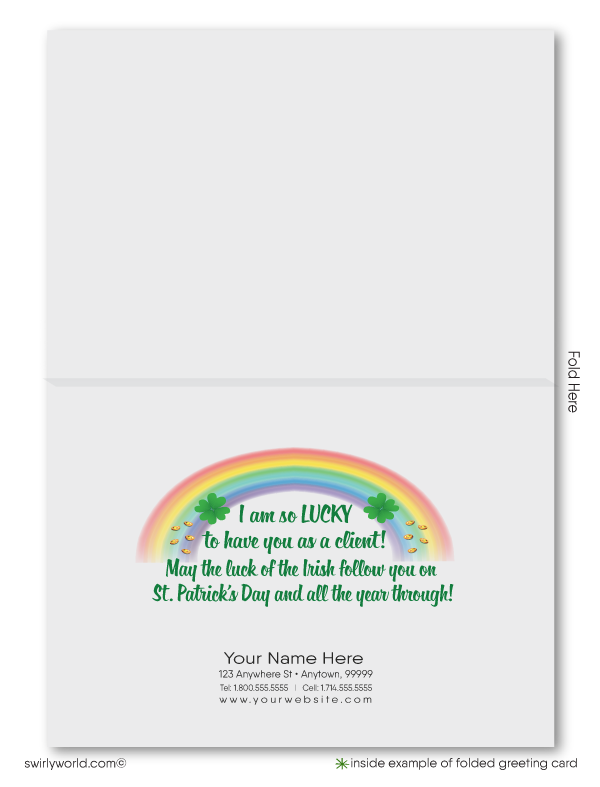 Cute female realtor happy St. Patrick's Day greeting cards marketing for clients. Real Estate marketing for St. Patrick's Day.