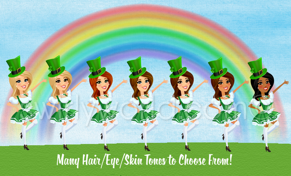 Cute female realtor happy St. Patrick's Day greeting cards marketing for clients. Real Estate marketing for St. Patrick's Day.  Cute green house with rainbow coming out of chimney with girl dressed up as leprechaun in front; happy St. Patrick's Day cards.