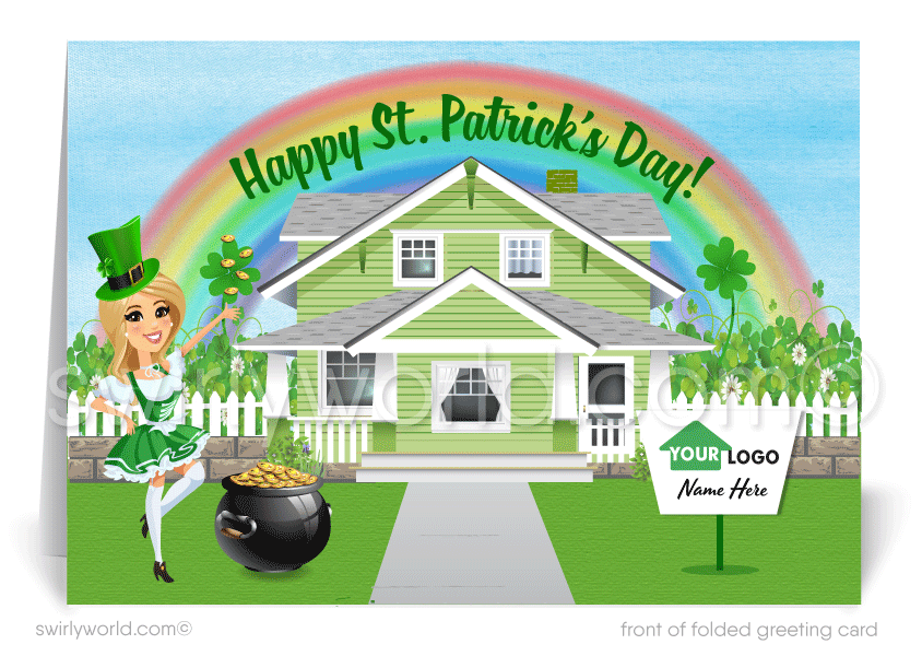 Cute female realtor happy St. Patrick's Day greeting cards marketing for clients. Real Estate marketing for St. Patrick's Day.