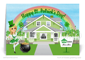 Cute female realtor happy St. Patrick's Day greeting cards marketing for clients. Real Estate marketing for St. Patrick's Day.