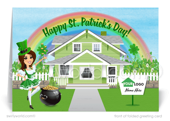 Cute female realtor happy St. Patrick's Day greeting cards marketing for clients. Real Estate marketing for St. Patrick's Day.  Cute green house with rainbow coming out of chimney with girl dressed up as leprechaun in front; happy St. Patrick's Day cards.