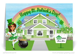 Cute female black brown african realtor happy St. Patrick's Day greeting cards marketing for clients. Real Estate marketing for St. Patrick's Day.