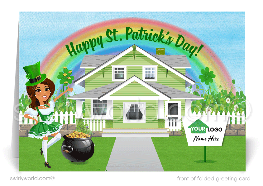 Cute female black brown african realtor happy St. Patrick's Day greeting cards marketing for clients. Real Estate marketing for St. Patrick's Day.