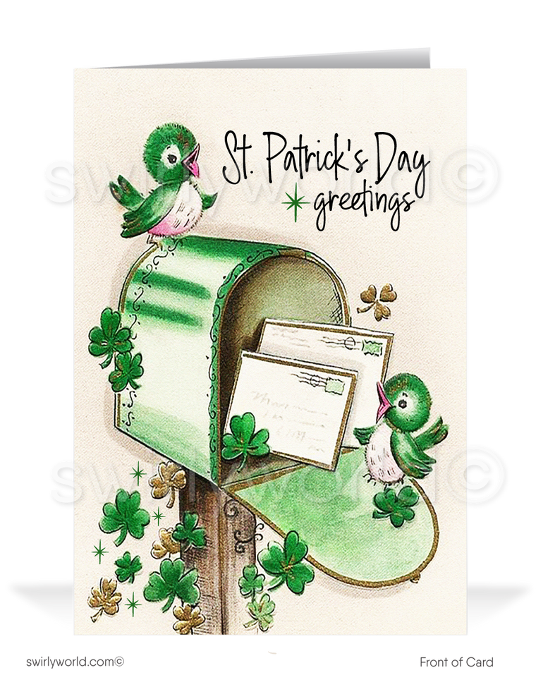 Vintage 1940s-1950s retro kitsch traditional Irish birds on mailbox green shamrocks  happy St. Patrick's Day greeting cards.