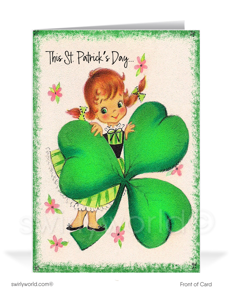 Vintage 1940s-1950s retro kitsch traditional Irish girl green shamrocks  happy St. Patrick's Day greeting cards.