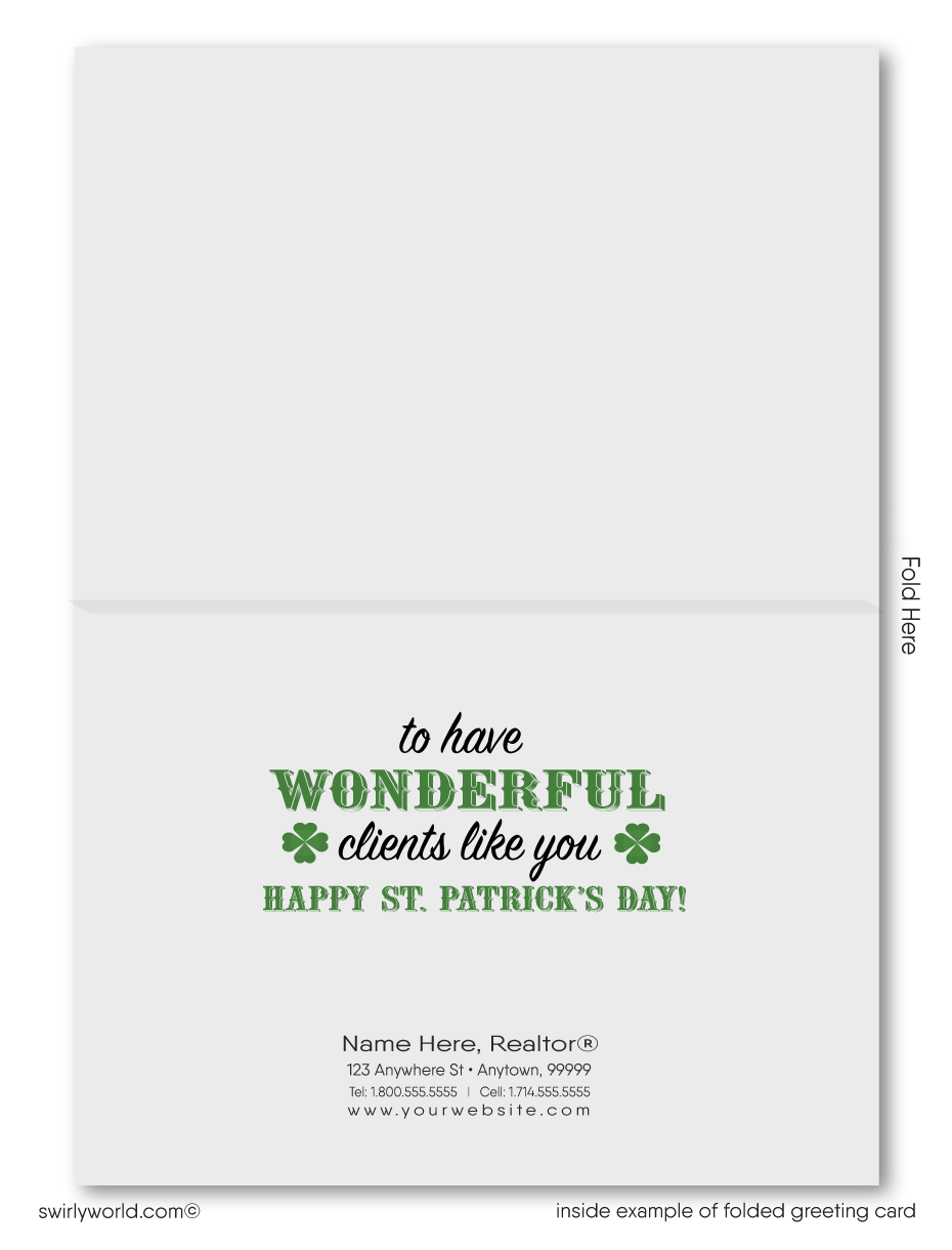 cute leprechaun shamrock happy St. Patrick's Day greeting cards marketing for Realtors. Real Estate Agent's marketing for St. Patrick's day cards for clients.