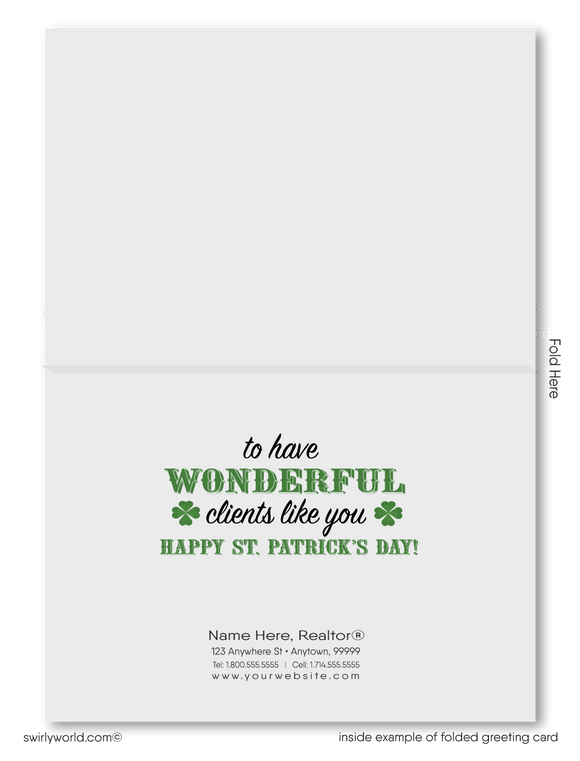 cute leprechaun shamrock happy St. Patrick's Day greeting cards marketing for Realtors. Real Estate Agent's marketing for St. Patrick's day cards for clients.