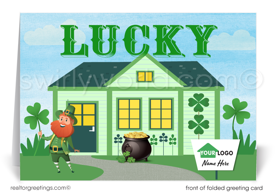 cute leprechaun shamrock happy St. Patrick's Day greeting cards marketing for Realtors. Real Estate Agent's marketing for St. Patrick's day cards for clients.