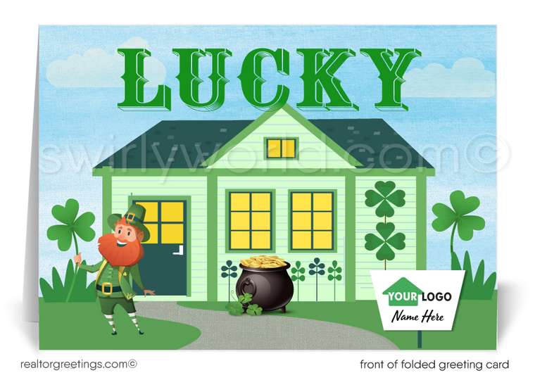 cute leprechaun shamrock happy St. Patrick's Day greeting cards marketing for Realtors. Real Estate Agent's marketing for St. Patrick's day cards for clients.