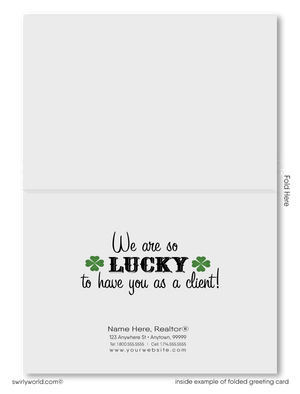 Cute green house with leprechaun and rainbow coming out of the chimney St. Patrick's Day cards for Realtors® and real estate agents.