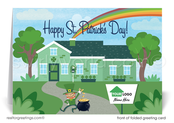 st patrick's day cards marketing for realtors. Real estate agent St. Patrick's Day marketing for clients. Cute green house with leprechaun and rainbow coming out of the chimney St. Patrick's Day cards for Realtors® and real estate agents.
