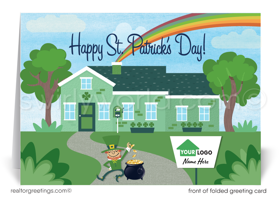 st patrick's day cards marketing for realtors. Real estate agent St. Patrick's Day marketing for clients. Cute green house with leprechaun and rainbow coming out of the chimney St. Patrick's Day cards for Realtors® and real estate agents.