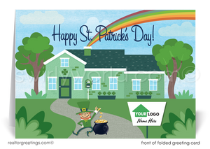 st patrick's day cards marketing for realtors. Real estate agent St. Patrick's Day marketing for clients. Cute green house with leprechaun and rainbow coming out of the chimney St. Patrick's Day cards for Realtors® and real estate agents.