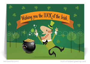 Corporate professional business "Lucky to have you as a customer" green shamrocks leprechaun happy St. Patrick's Day greeting cards.