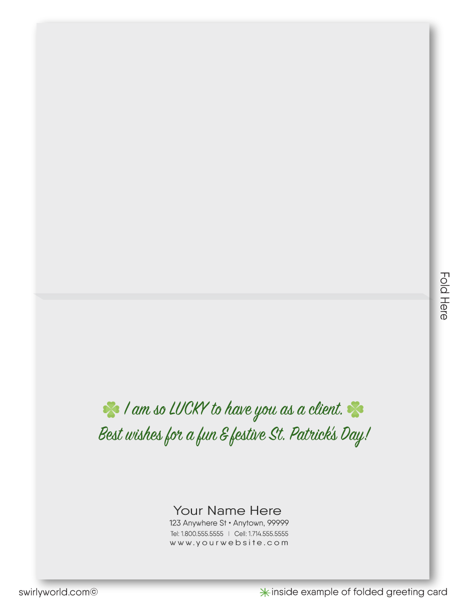 cute happy st. patrick's day cards for realtors. Real Estate marketing for St. Patrick's Day lucky to have you as a client. Cute green house with leprechaun and rainbow coming out of the chimney St. Patrick's Day cards for Realtors® and real estate agents.