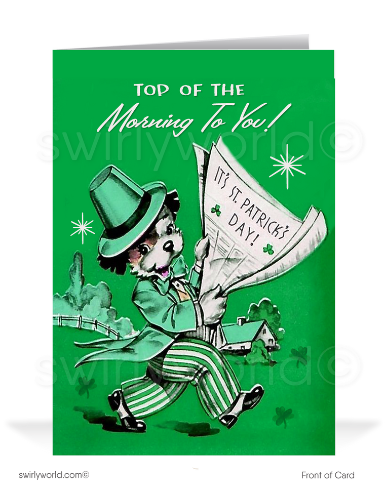 Vintage 1940s-1950s retro kitsch dog leprechaun green shamrocks leprechaun happy St. Patrick's Day greeting cards.