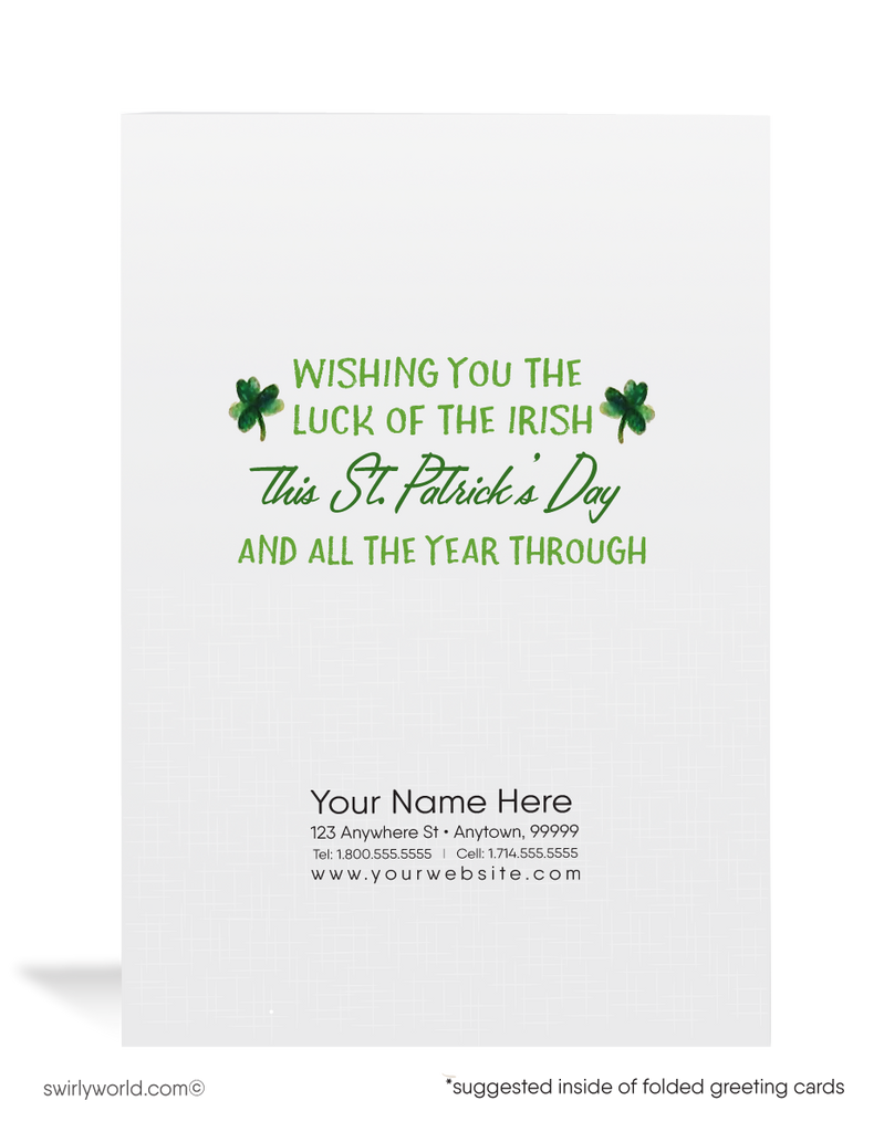 Vintage 1940s retro kitsch "Lucky to have you as a customer" green shamrocks leprechaun happy St. Patrick's Day greeting cards.