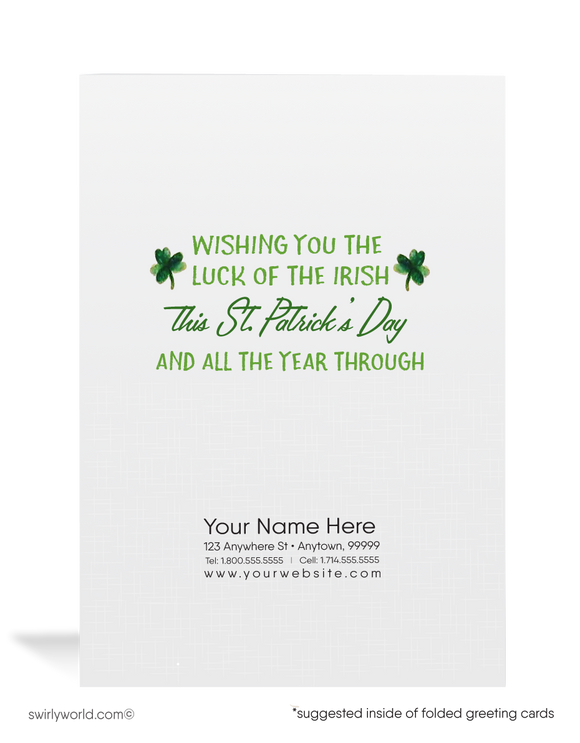 Vintage 1940s retro kitsch "Lucky to have you as a customer" green shamrocks leprechaun happy St. Patrick's Day greeting cards.