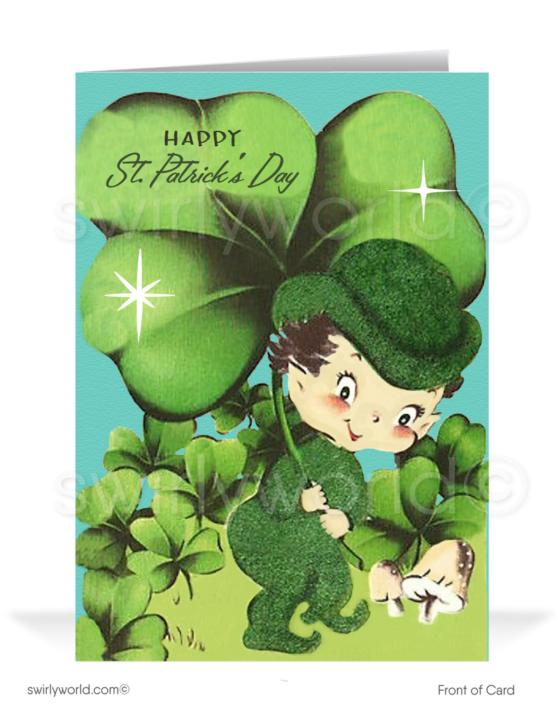 Vintage 1940s retro kitsch "Lucky to have you as a customer" green shamrocks leprechaun happy St. Patrick's Day greeting cards.