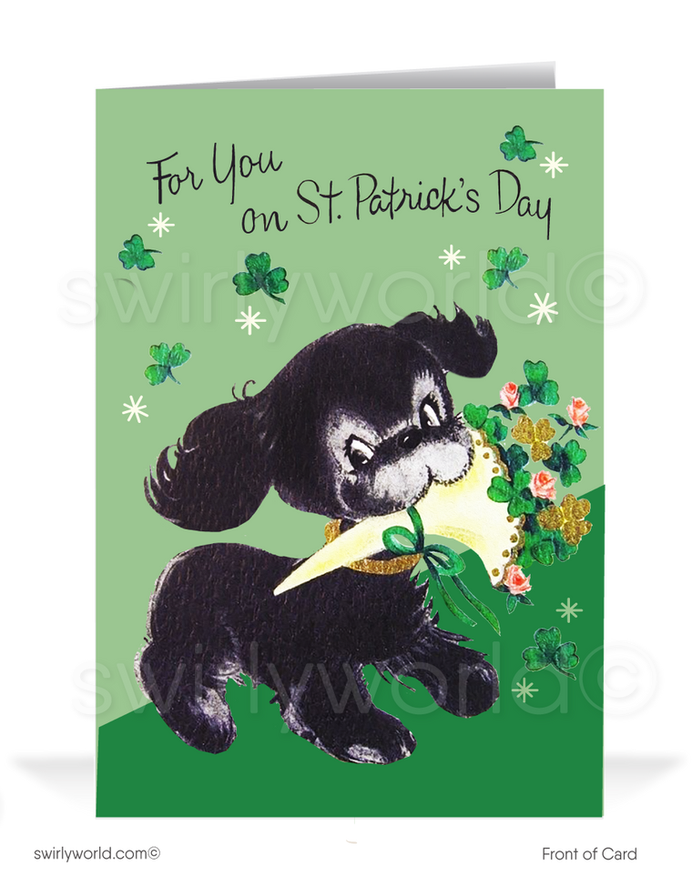 Vintage 1940s retro kitsch little Irish dog with green shamrocks leprechaun happy St. Patrick's Day greeting cards.