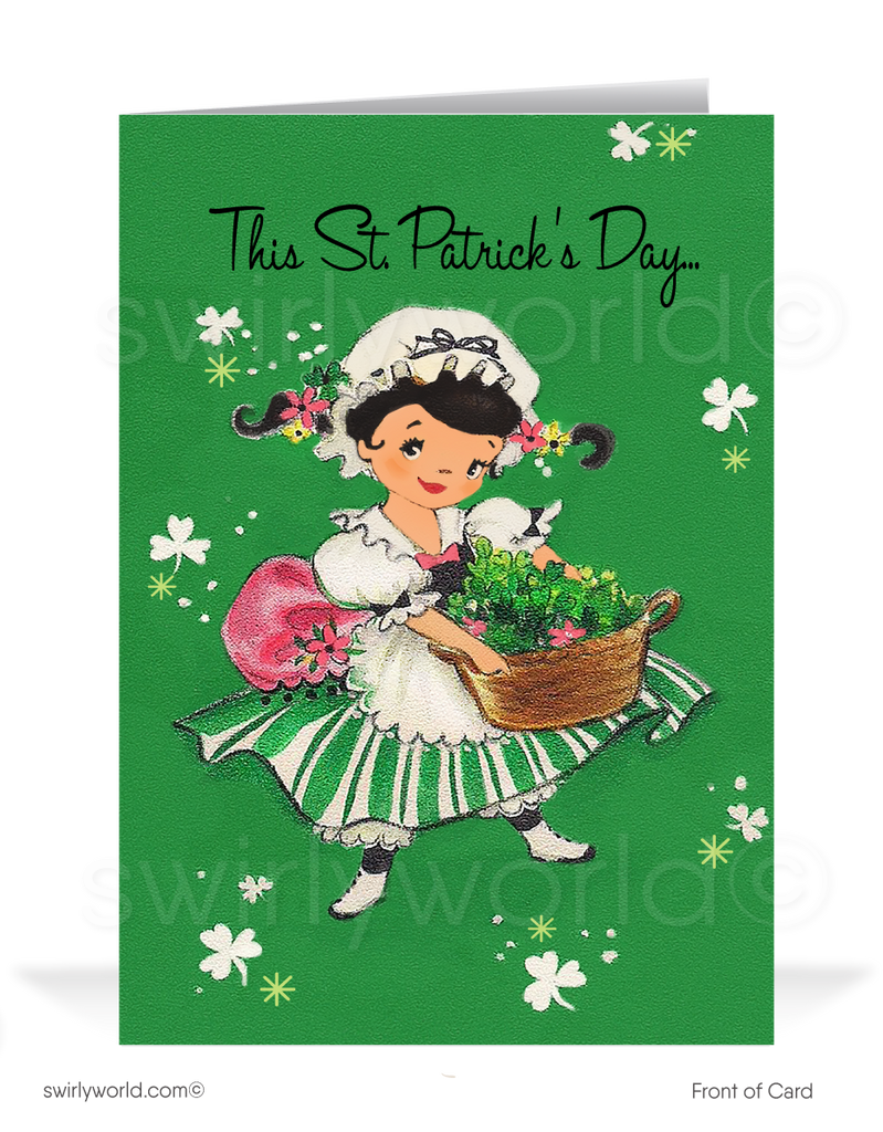 Vintage St. Patrick’s Day Card – Irish Girl with Shamrocks – 1940s-50s Mid-Century Design