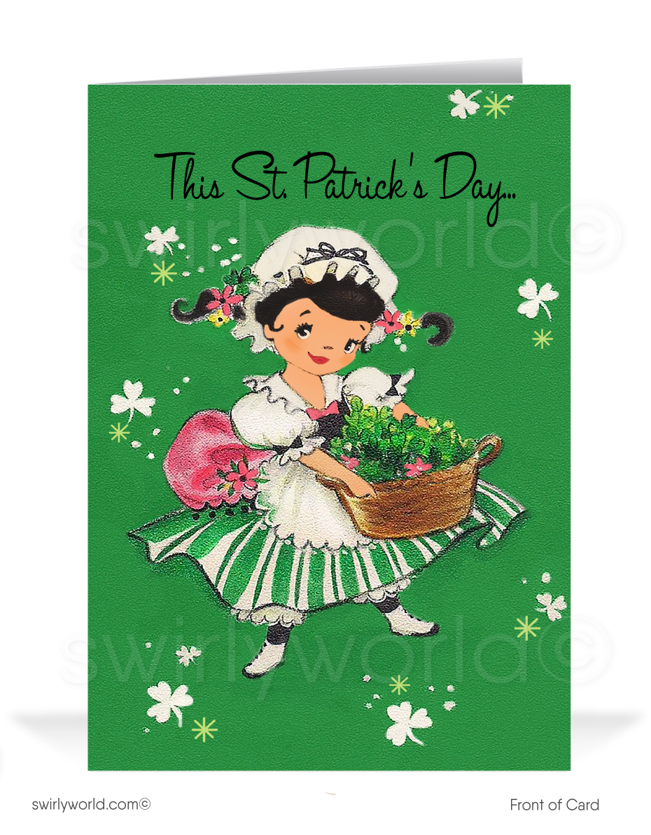 Vintage St. Patrick’s Day Card – Irish Girl with Shamrocks – 1940s-50s Mid-Century Design