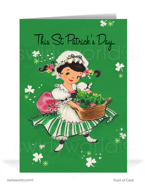 Vintage St. Patrick’s Day Card – Irish Girl with Shamrocks – 1940s-50s Mid-Century Design