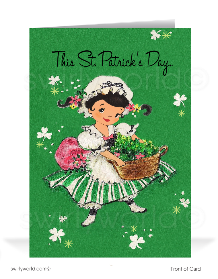 Vintage 1940s retro kitschy Irish girl green shamrocks leprechaun happy St. Patrick's Day greeting cards.