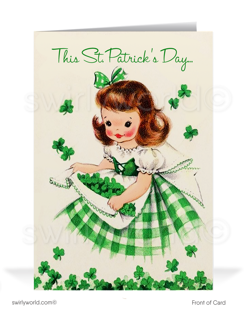 Cute Girl with Shamrocks Vintage 1950's Retro Happy St. Patrick's Day Cards