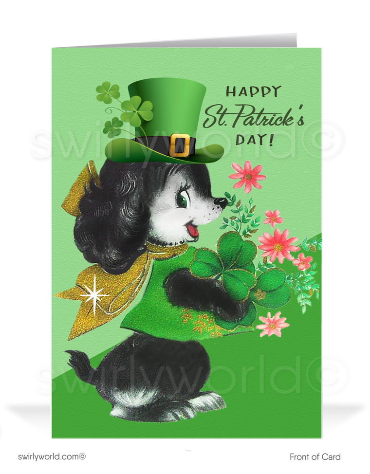 Vintage 1940s retro kitsch "Lucky to have you as a customer" green shamrocks leprechaun happy St. Patrick's Day greeting cards.