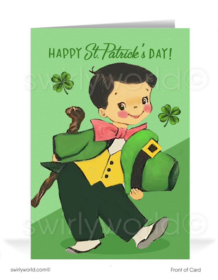 Vintage 1940s retro kitsch "Lucky to have you as a customer" green shamrocks leprechaun happy St. Patrick's Day greeting cards.