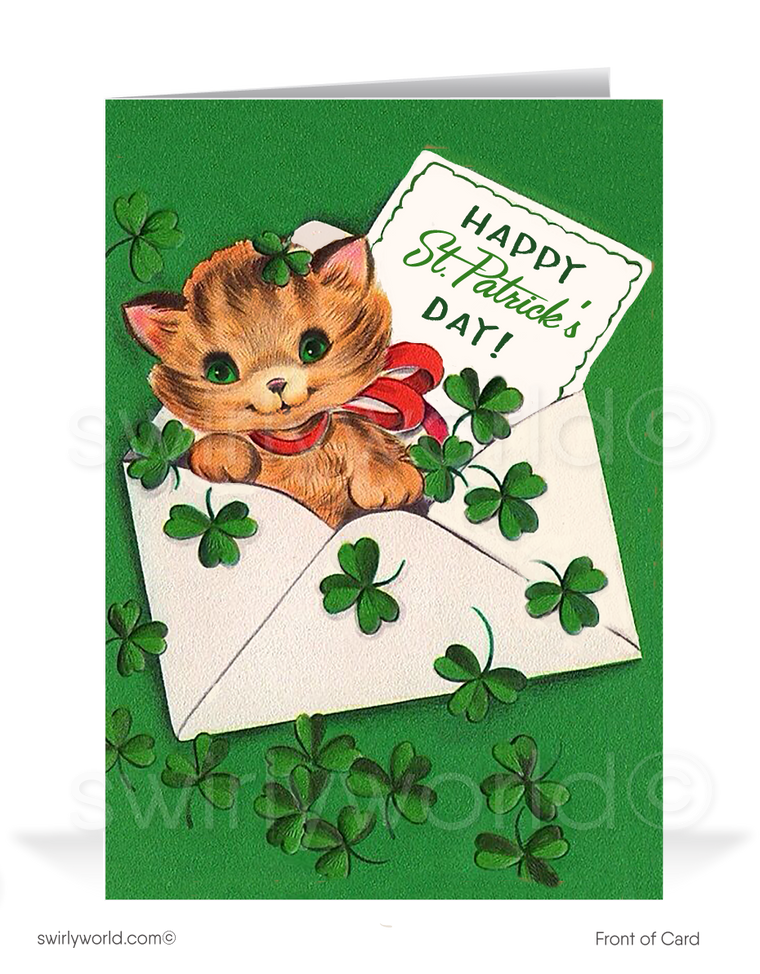 Vintage 1940s retro kitsch orange tabby kitten green shamrocks leprechaun mid-century happy St. Patrick's Day greeting cards.
