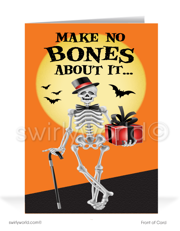Delight clients with Swirly World's Skeleton Halloween Greeting Card! Featuring a dapper skeleton with a top hat and cane, holding a gift against an orange sky and full moon. The card reads "No Bones About It" on the front and "BONE-A-FIED Fantastic Customer" inside. Customizable envelopes available!