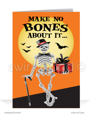 Delight clients with Swirly World's Skeleton Halloween Greeting Card! Featuring a dapper skeleton with a top hat and cane, holding a gift against an orange sky and full moon. The card reads "No Bones About It" on the front and "BONE-A-FIED Fantastic Customer" inside. Customizable envelopes available!