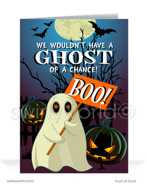  Enchant clients with Swirly World's Retro Ghost Halloween Greeting Card! Featuring a ghost holding a "BOO!" sign and the message "We Wouldn't Have a Ghost of a Chance Without Your Business," this card is perfect for connecting with customers. Customizable envelopes available!s