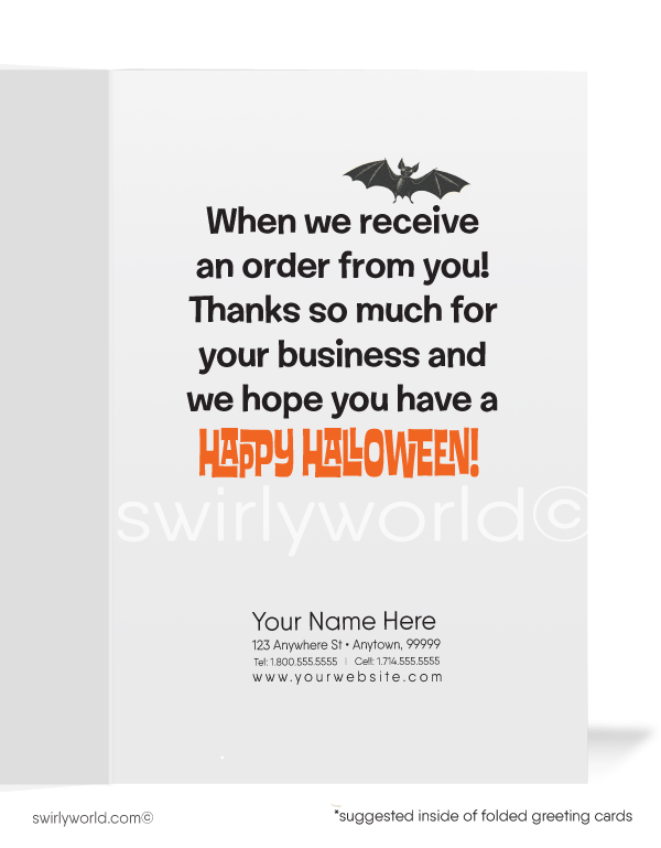 Brighten Halloween with Swirly World's Jack-O'-Lantern Greeting Card! Featuring a joyful gathering of pumpkins and the phrase "We All Light Up!" on the front, this card is perfect for spreading Halloween cheer to clients and friends. Customizable envelopes available for a personal touch!